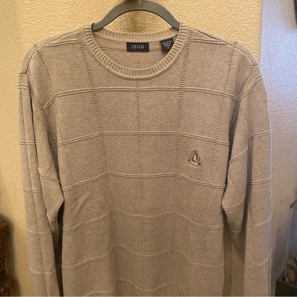 IZOD Light Beige 100% Cotton Grid Sweater Size Medium